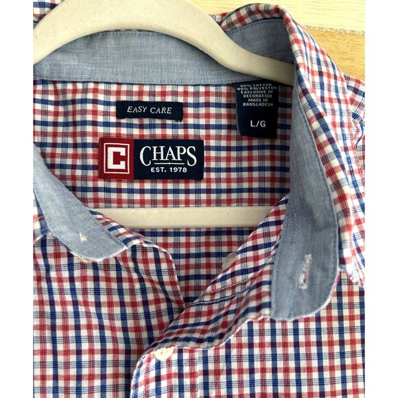 Chaps Easy Care Mens Button Up Short Sleeve Shirt Size Large Red Blue - Picture 3 of 3